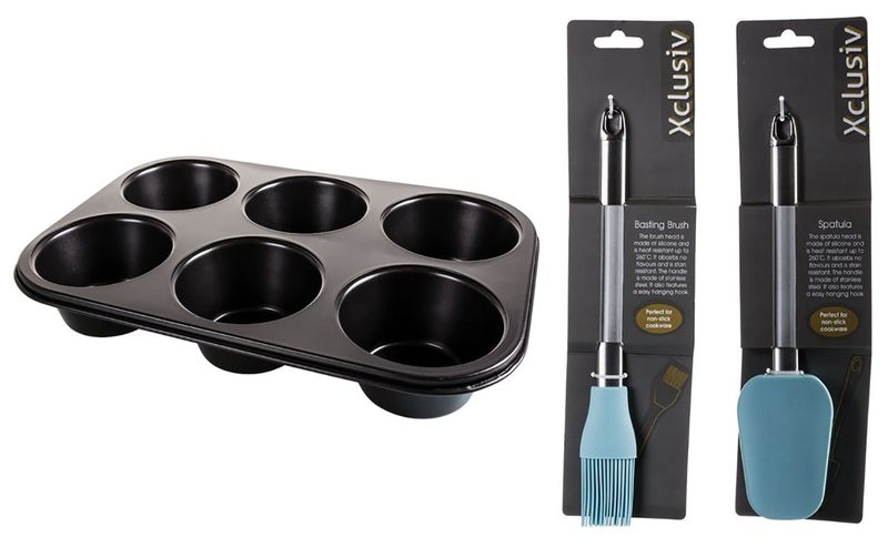 Non Stick Muffin Pan 6 Hole + Silicone Pastry Brush + 3pc Whisk 30, 25 &amp; 20cm