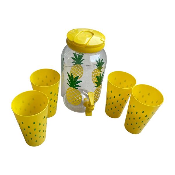 Ice Cold Beverage Dispenser Jug Cocktail Jar with 4 Cups- Pineapple Yellow