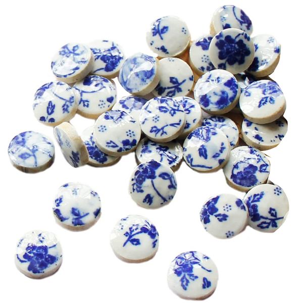 Craft Multifunctional Blue, White Round Ceramic Patch Mosaic Tiles 100g