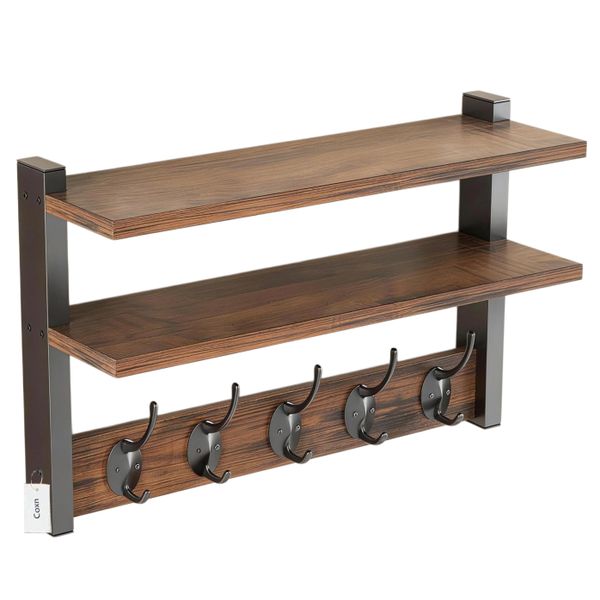 Entryway Two-Tier Wall Shelf with 5 Hooks, Coat Rack Wall Mount with Shelf