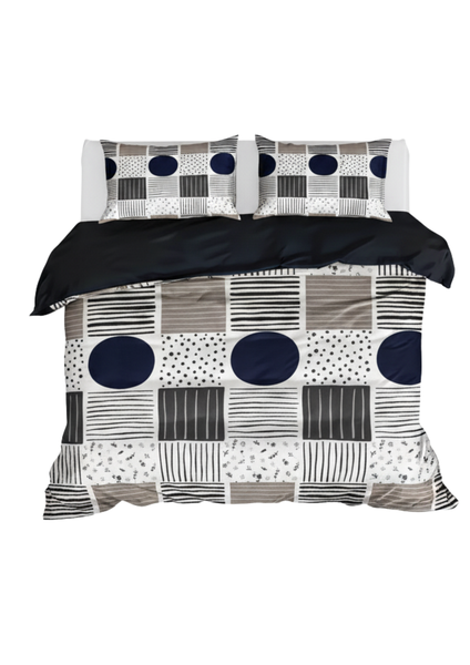 4 Piece Geometric Patchwork Queen Duvet Cover Set Bed Bedding - Navy &amp; Beige