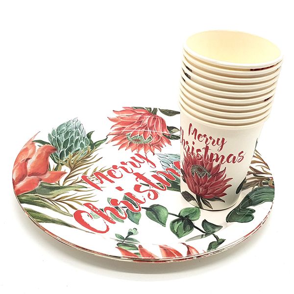 Bufftee Merry Christmas Cups &amp; Plates Set of 10 Merry Xmas Flowers