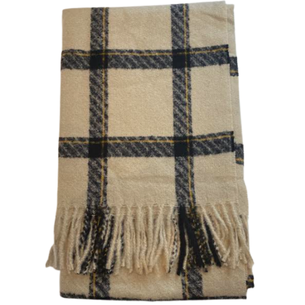Cream and Black Fringe Hem Plaid Pattern Scarf