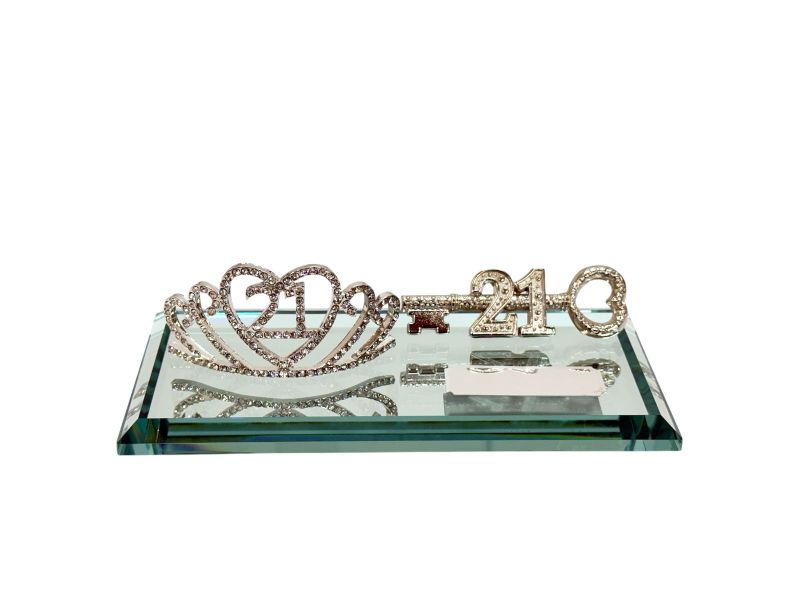 21st Key Silver Tiara on Glass Mirror Base