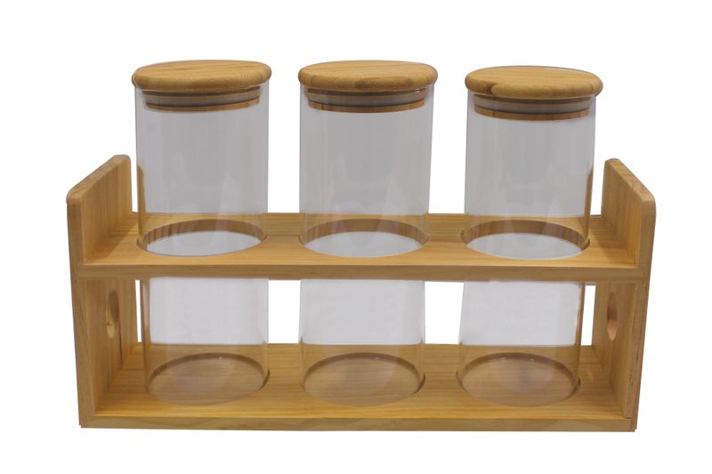 4 Piece 1000ml Glass Jar Spice Set with Bamboo Lids &amp; Wooden Holder - Round