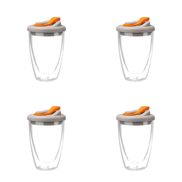 Glass Double-Layer Cup With Lid 450ml - Orange/Transparent - 4 Pack