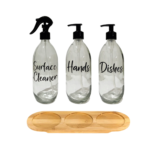 3 Glass Bottle Dispenser Set w/Bamboo Tray - Surface Clean, Hands &amp; Dishes