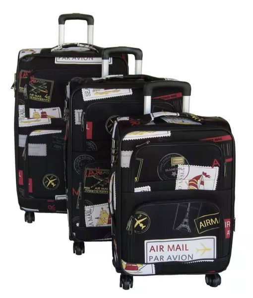 3-Piece PU Spinner Luggage Set - Black &amp; Red, Air Mail Vintage Design
