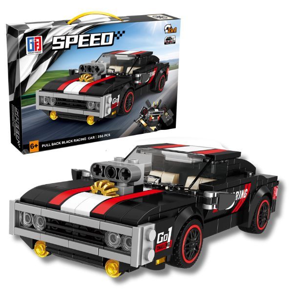 Building Block Speed Racing Car Set 2in1- 356pcs Black with Pullback action