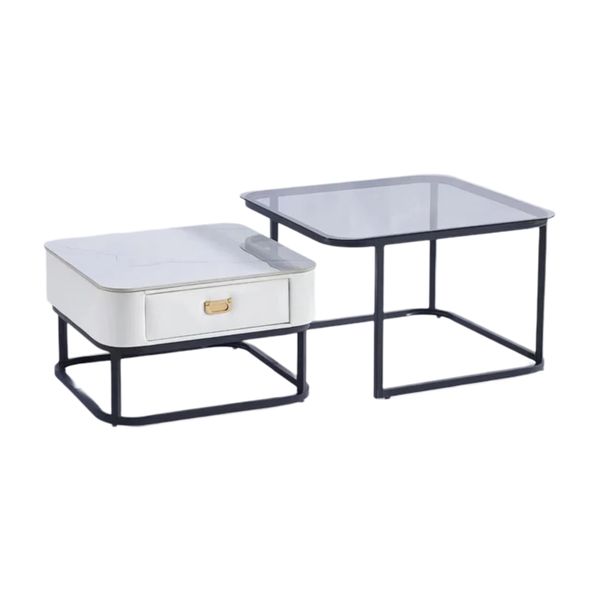 Elegant Nesting Square Glass Top Coffee Table with Marble Top Drawer Table