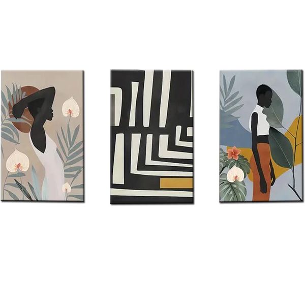 Canvas-Art-3 Pieces African Women Flower Abstract Wall Art