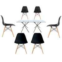 Rectanguler Glass Table With 6 Wooden Leg Chairs -Black