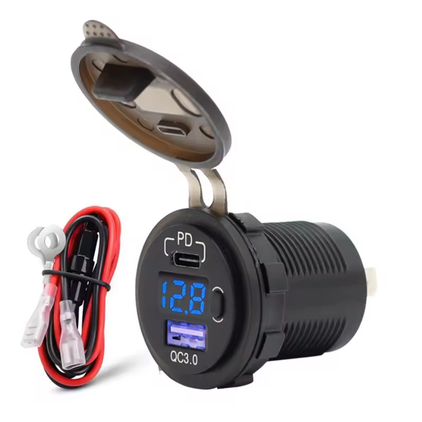 12V Dual PD Type C &amp; USB QC3.0 Car Charger With LED Voltmeter Switch