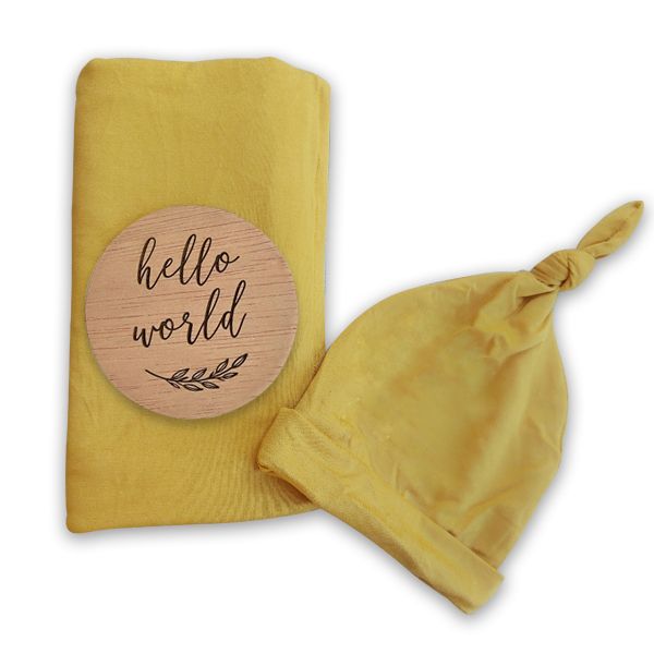 Mustard Baby Stretch Swaddle Knotted Beanie &amp; Hello World Disc