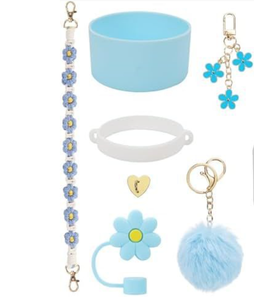 Fluffy Pom-Pom Floral Charm Bottle Handle, Silicone Straw Cap &amp; Sleeve Set