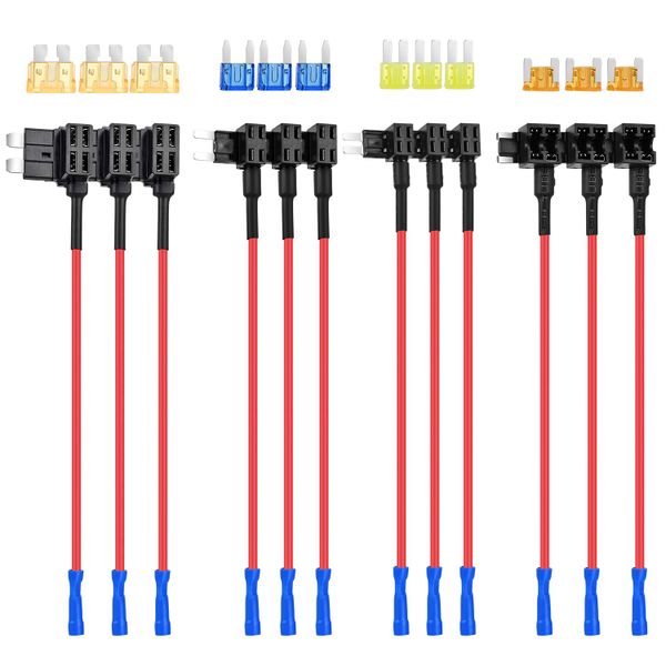 12 Piece 12VCar Add-a-Circuit Fuse Tap 4 Type Standard Mini Micro Fuse Holders