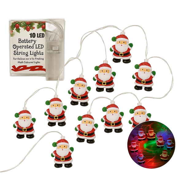 Santa LED String Lights - 10 Santa Figures, 2m Battery Operated Lights