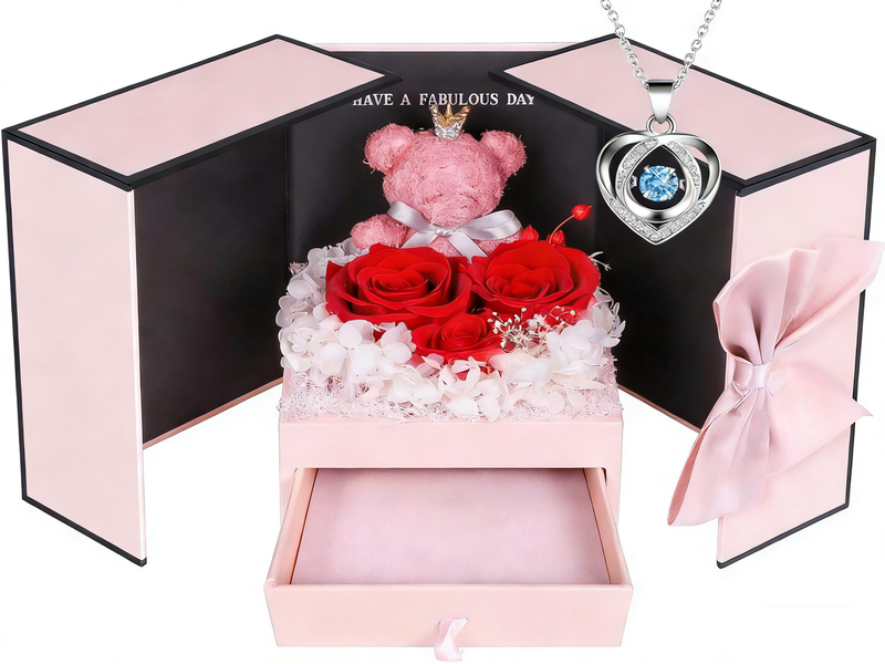 Preserved Real Red Rose with Heart Necklace,Tiny Pink Bear,Gift Box