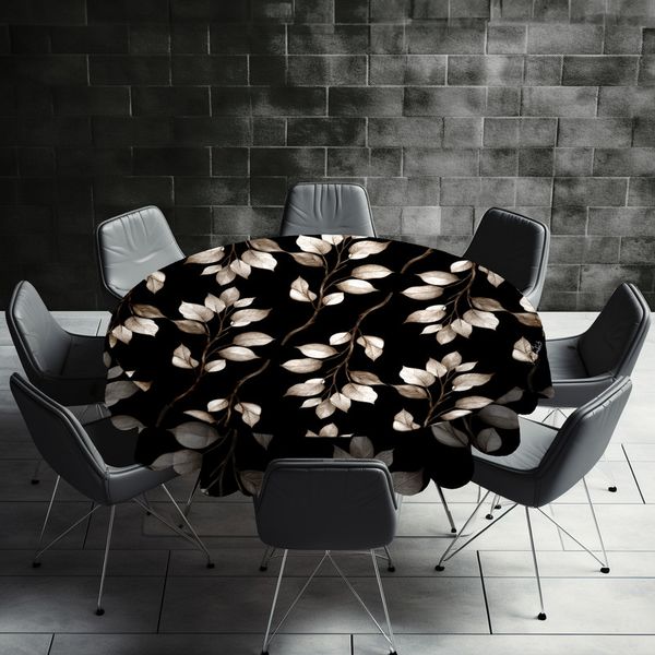 Dark Brown Leaves On Black Round Tablecloth by Mark van Vuuren