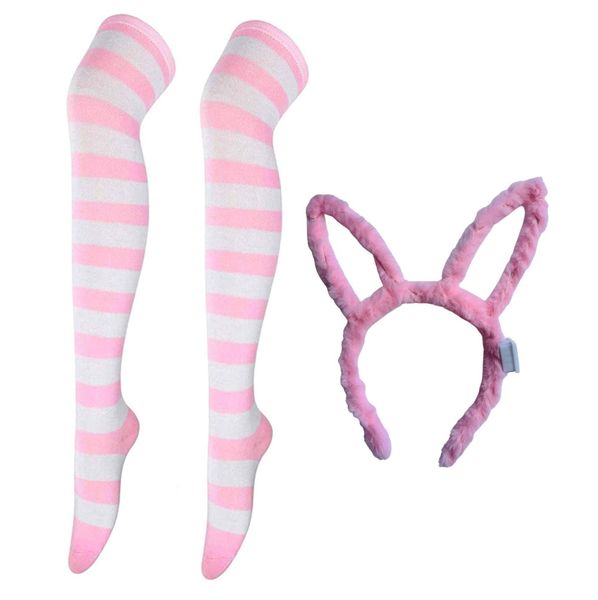 Women's Over Knee Long Striped Socks &amp; LED Light Up Bunny Alice Band