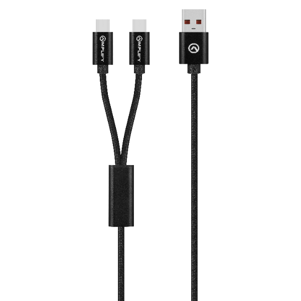 Amplify Linked Series USB to 2 x USB-C Braided Cable 60W 1.2m - Black