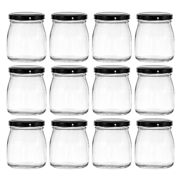 Regent 180ml Glass Round Jar with Black Lid 12 Pack (65mm Diax78mm)