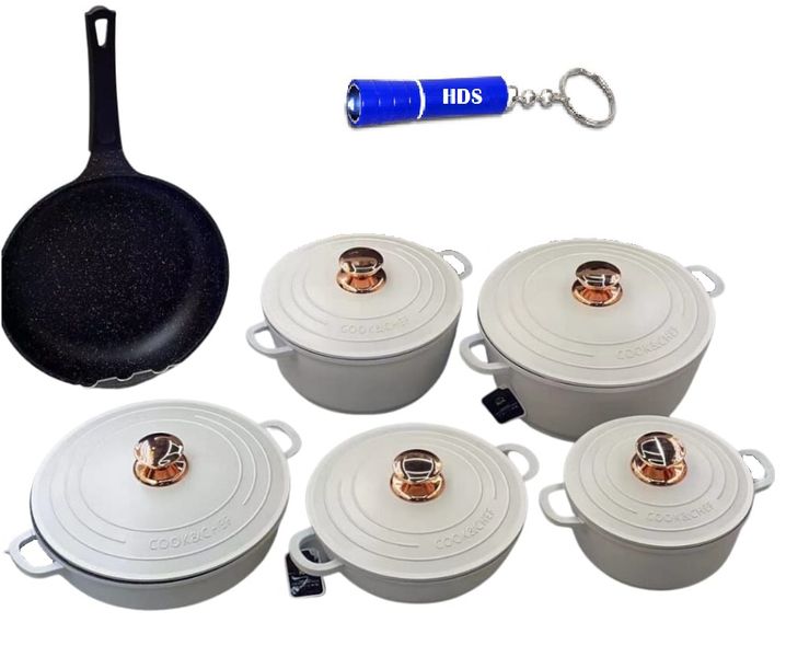 Haus Roland Aluminum 11 Pieces cookware set - White with HDS Keyring Torch