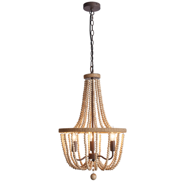 3 Light Natural Brown Chandelier with Round Wood Beads
