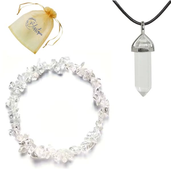Clear Quartz Bracelet &amp; Clear Quartz Pendant in Organza Bag-Master Healer