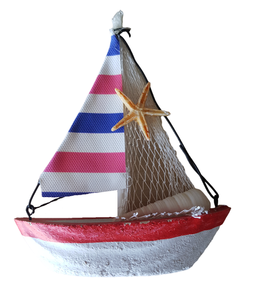Nautical Wooden Ship Red - White - Blue Stripe Flag Starfish - 13cm x 11cm