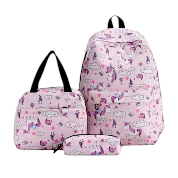 Girls Unicorn School Backpack with Lunch Bag and Pencil Case - Pink