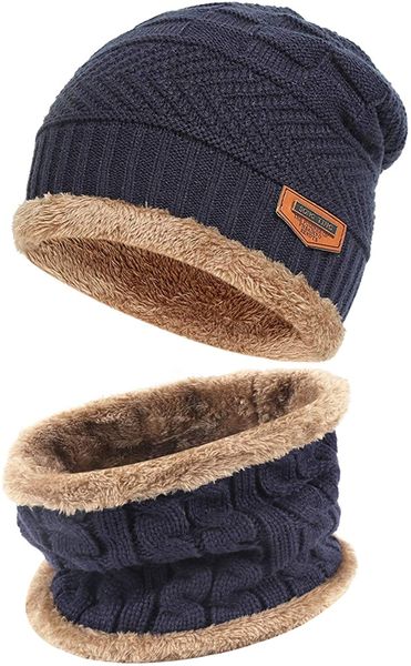 Classic 2-Piece Winter Beanie Hat and Scarf - Navy Blue