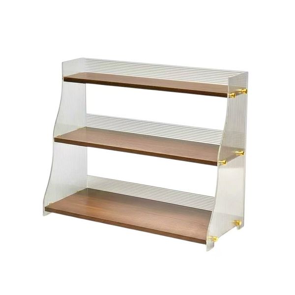 Beloving 3-Tier Wooden Acrylic Desk Organiser Walnut Desktop Storage Shelf