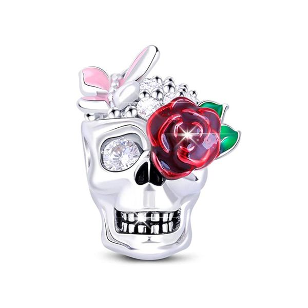 926 Sterling Silver Rose Skull Bracelet Charm / Pendant