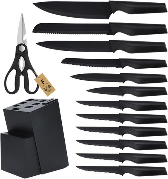 14 Piece Kitchen Knife Set with Block, Built-In Sharpener, Black Titanium Coated