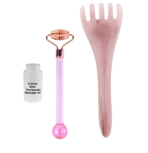 Resin Head &amp; Body Massage Fork, Textured Roller &amp; 30ml Therapeutic Oil