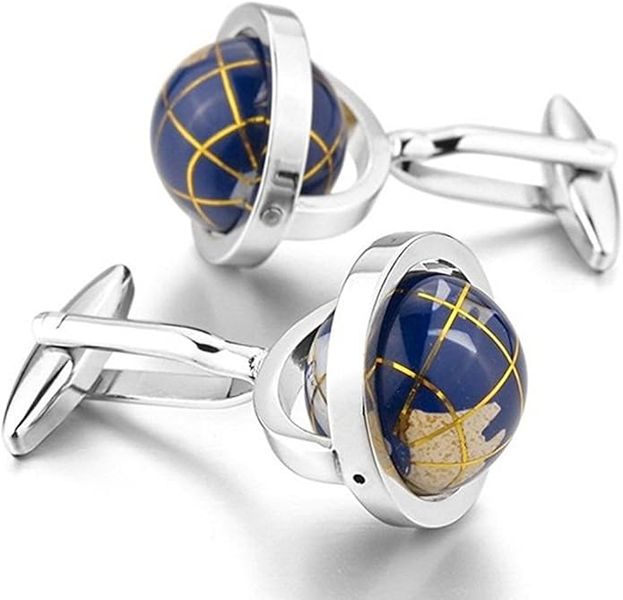 Really Spins Rhodium Plated Blue Globe Earth Cufflinks for Men with GiftBox