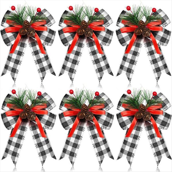 12PCS Christmas Black White Bow with Pine Cones Pine Needles Xmas Checkered