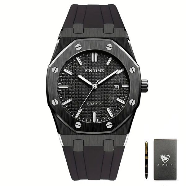 Pintime Luxury Black Gunsteel Mens Luxury watch with Apex Fountain Pen