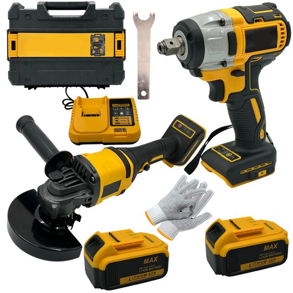Cordless Angle Grinder &amp; Wrench Power Tool Set With 2 x Batteries &amp; Glove