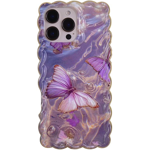 Phone Case with Pleated Edge &amp; Water Butterfly Compatible with Iphone 16 Pro - Purple