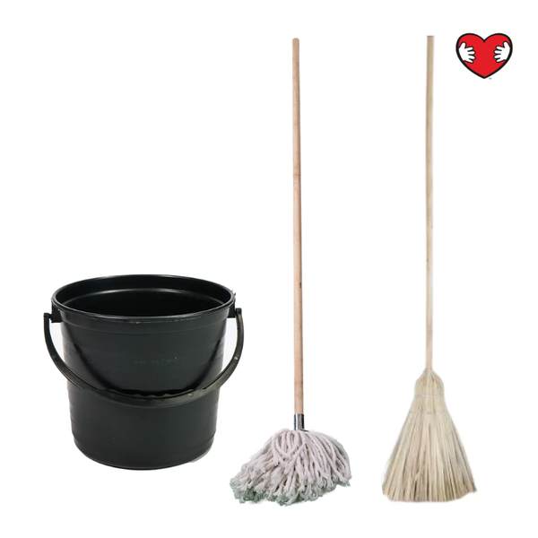 Wet Mop With Wooden Handle, Grass Broom Sweeper and 5l Bucket with Handle