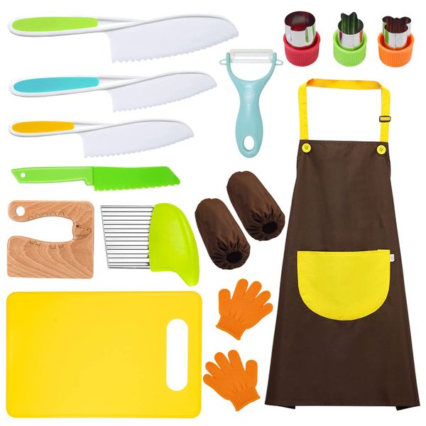 14 piece Kids Knife Set With Wooden Knife, Apron, Gloves &amp; Board