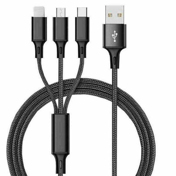 USB to Lightning, Type C &amp; Micro USB Cable - 1.2m - 3 in 1- Black