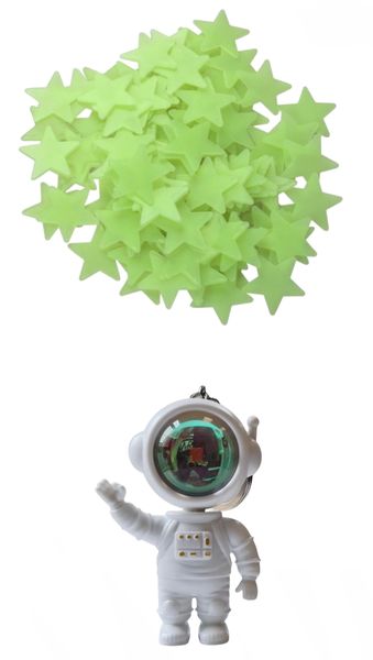 Pack Of 100 Glow In The Dark Stars &amp; Mini Astronaut Light Projector Keyring