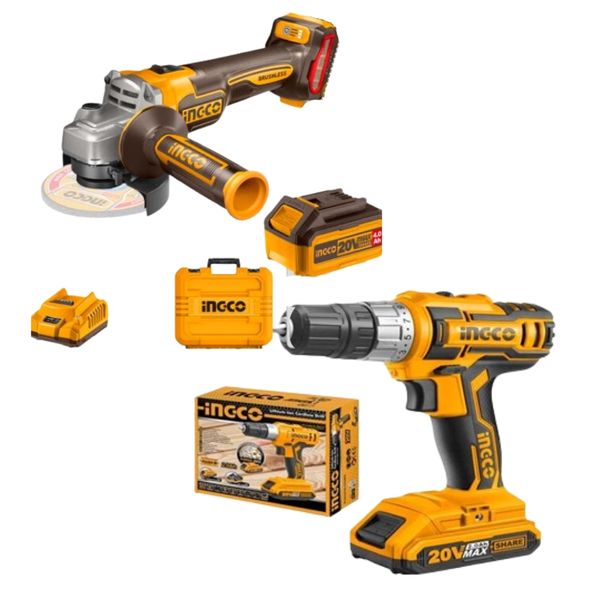 Ingco - Lithium-Ion Angle Grinder (20V) &amp; Cordless Drill - Combo