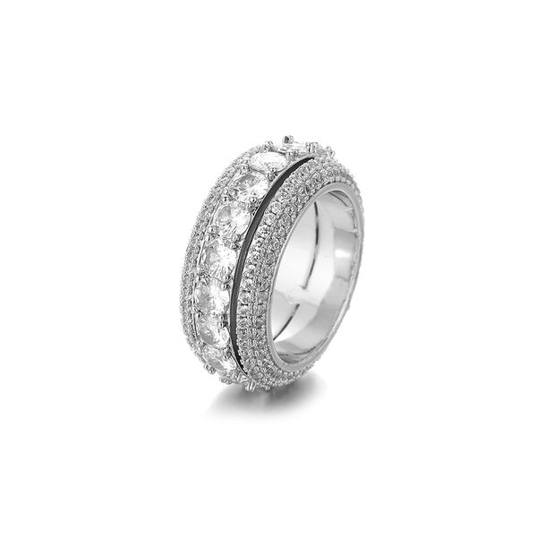 Men's Silver Rotatable Hip Hop Ring - Copper Inlaid CZ Statement Jewelry