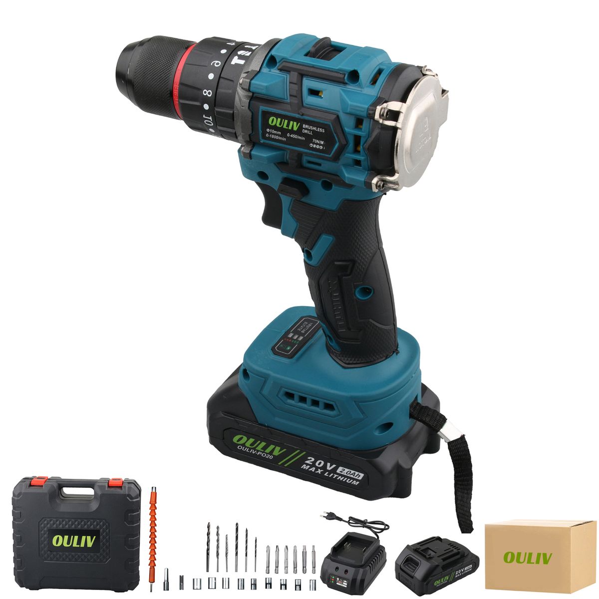 OULIV 70N.m Brushless Lithium Impact Drill Set-with 2 PCs Battery & Charger