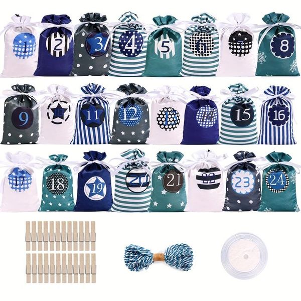 24 Christmas Advent Calendar Bags with Drawstring Closure