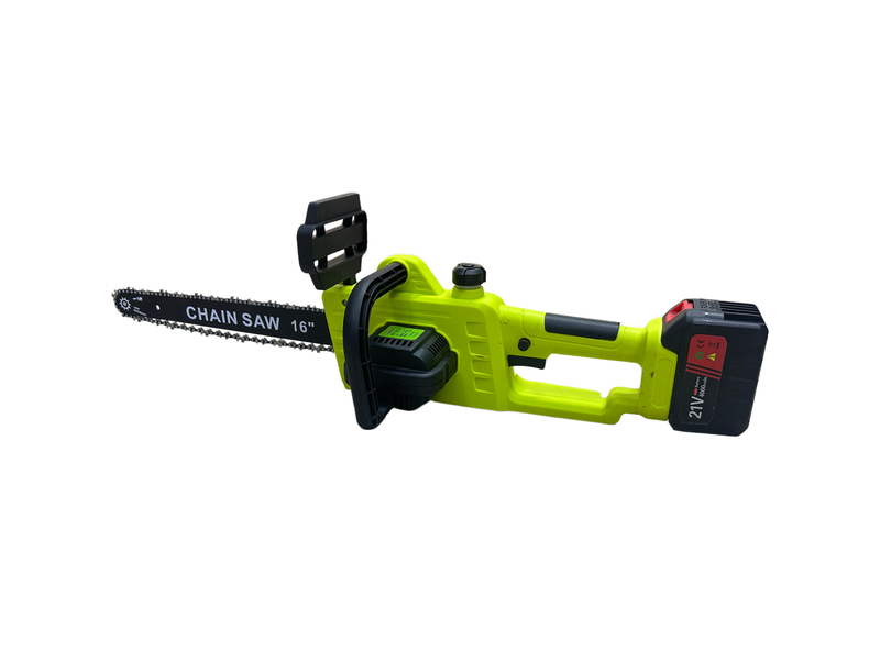 16-inch lithium-ion brushless chainsaw, equipped with two 21V batteries.